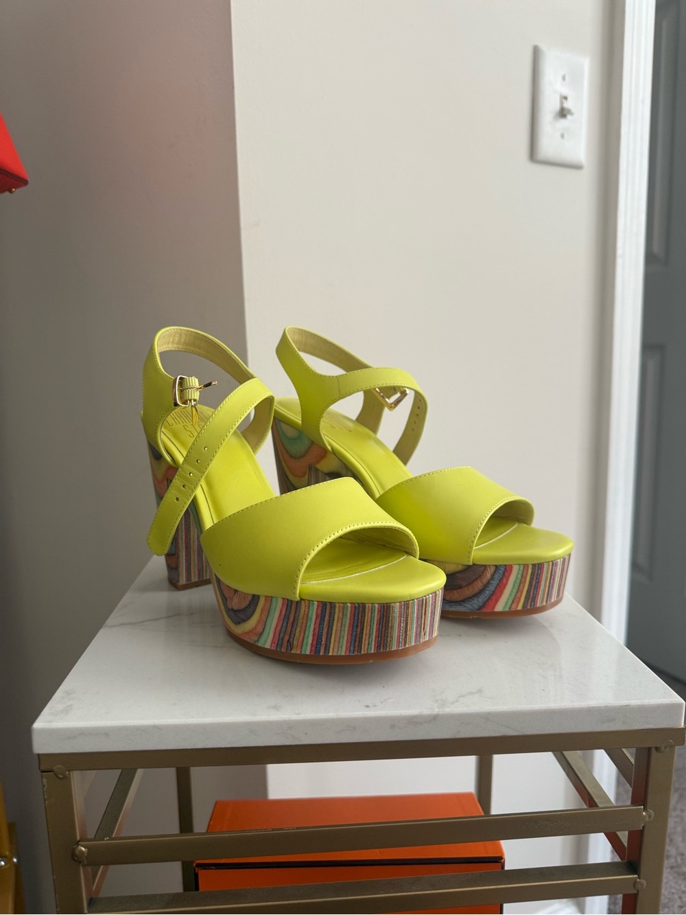 Charlotte Stone Neon Yellow Platform Sandals with Multicolor Striped Heel